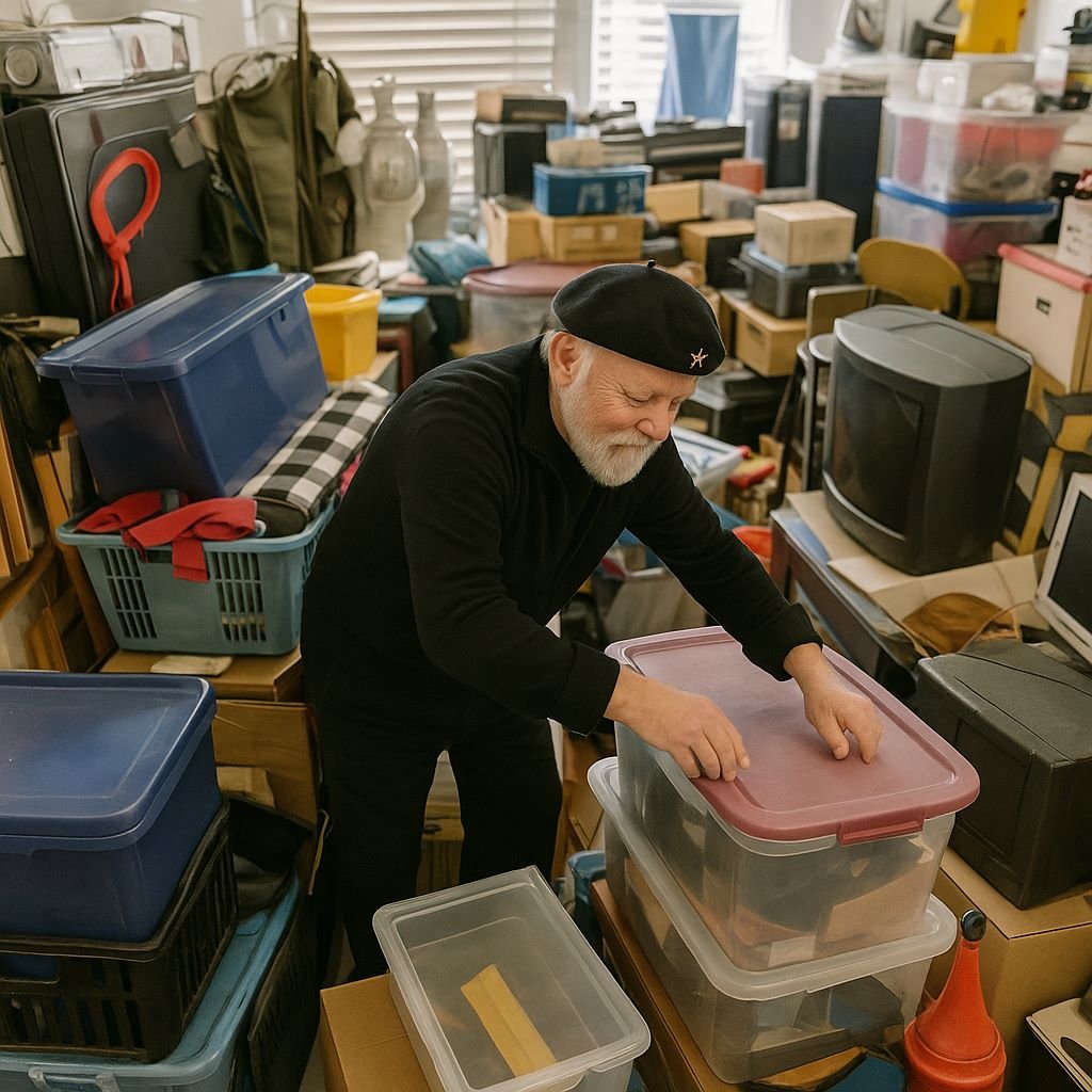 Mann beschriftet Plastikbox bei Entrümpelung