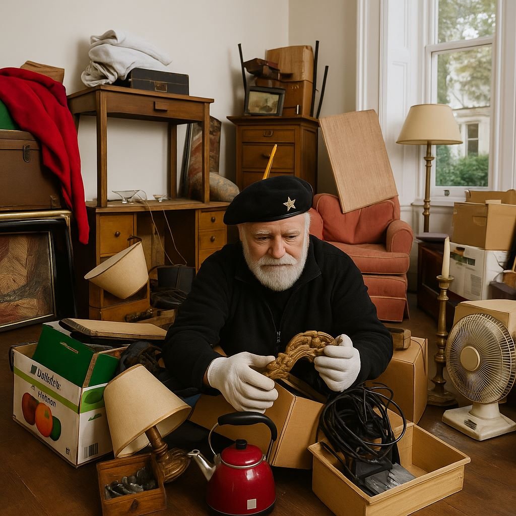 Älterer Mann mit schwarzer Mütze sortiert Kartons im Wohnzimmer