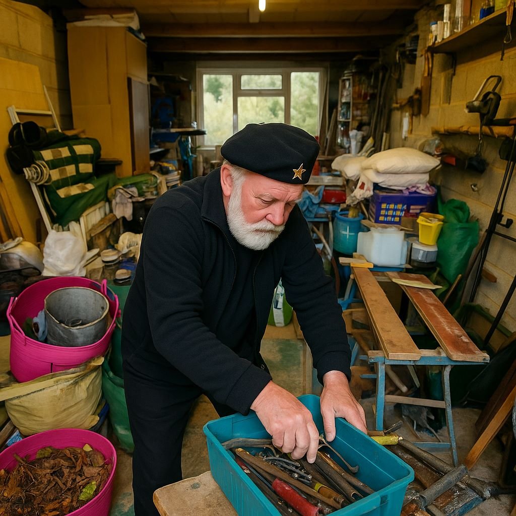 Mann arbeitet mit Plastikkiste in Werkstatt