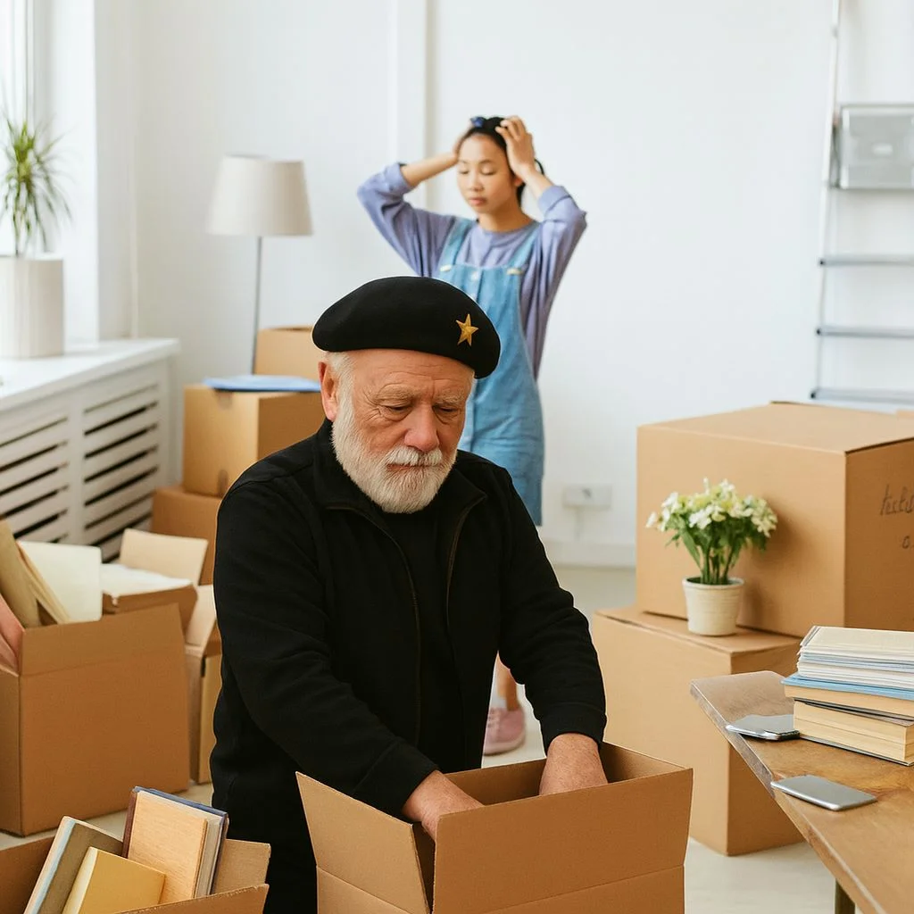 Mann und Frau räumen Bücher