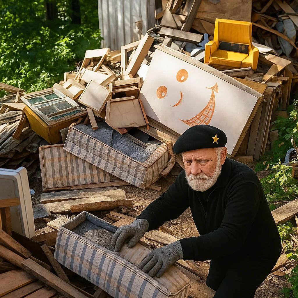 Mann räumt Matratze im Sperrmüll