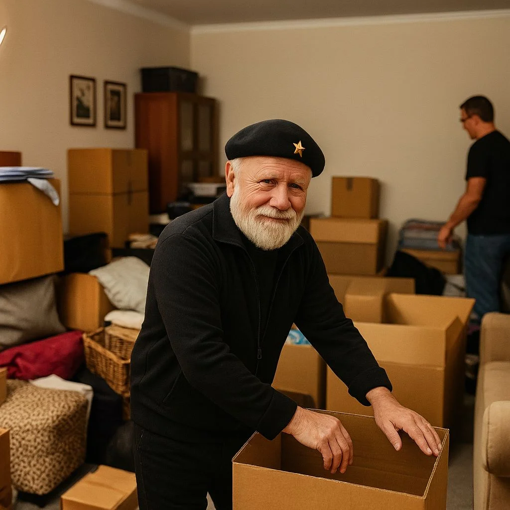 Lächelnder Mann zwischen Kartons